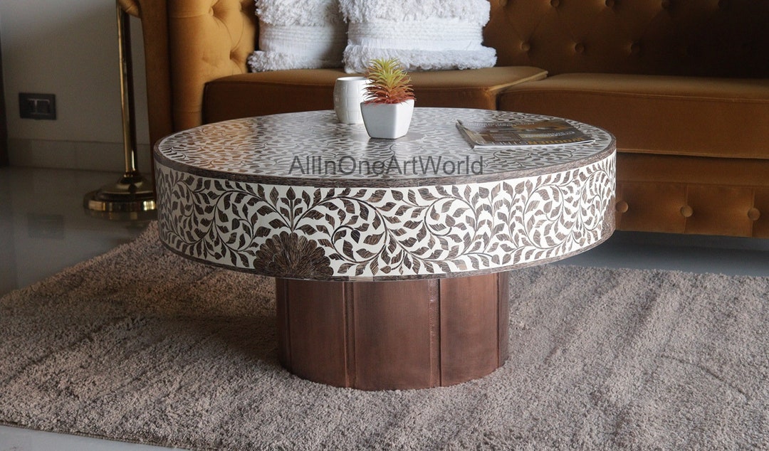 Coconut Wood Inlay Coffee Table, Coconut Shell Inlay Coffee Table