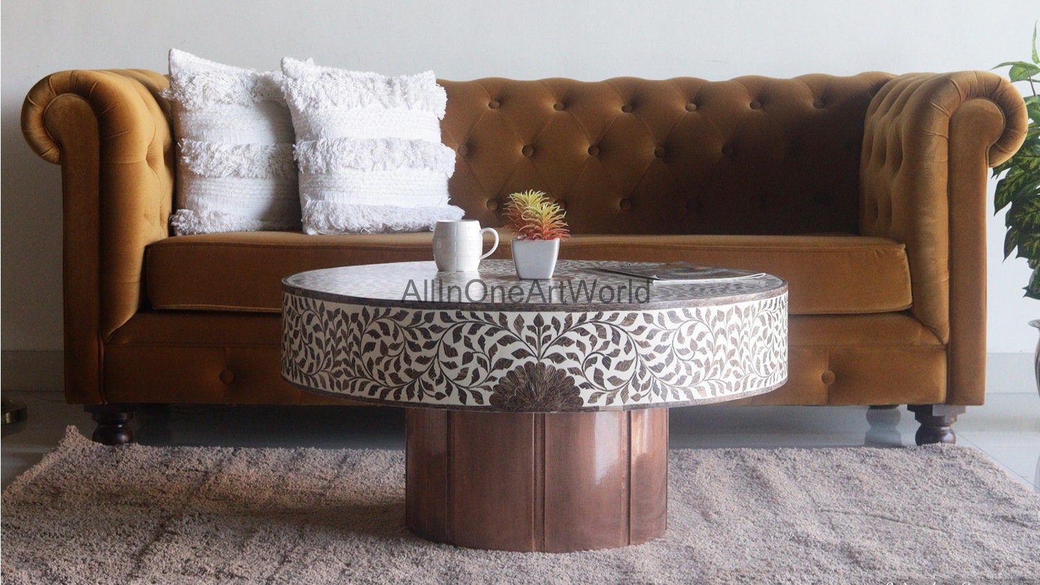 Coconut Wood Inlay Coffee Table, Coconut Shell Inlay Coffee Table