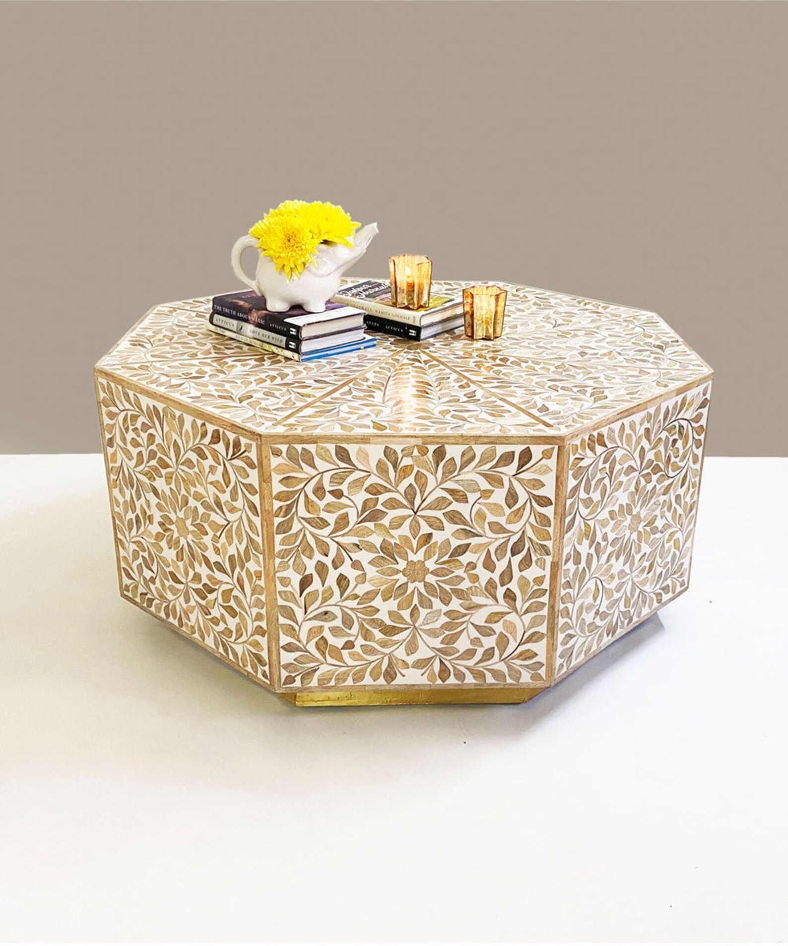 Wood Inlay Coffee Table White, Vegan Inlay Coffee Table, Handmade Inlay