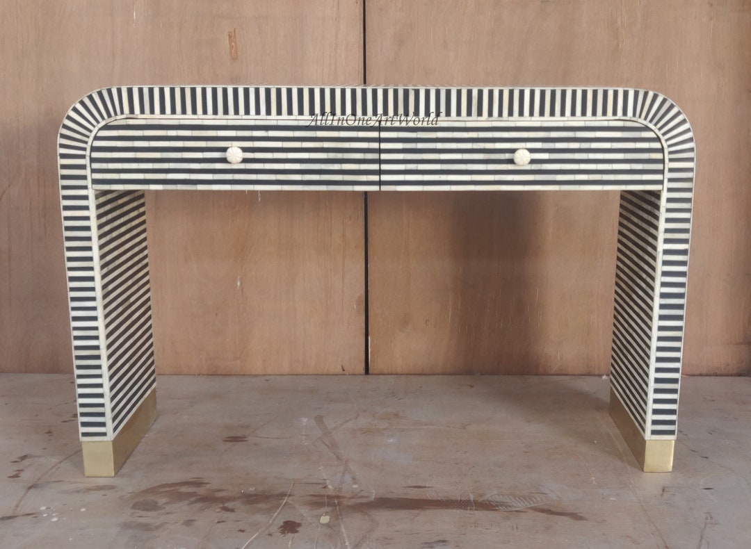 Black Waterfall Bone Inlay Desk, Bone Inlay Work Desk, Bone Inlay