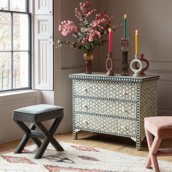 Stars Bone Inlay Chest of 3 Drawers Gray Bone Inlay Dresser Bone