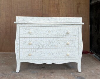 Bone Inlay Curved 3 Drawer Floral Dresser White with Topper,