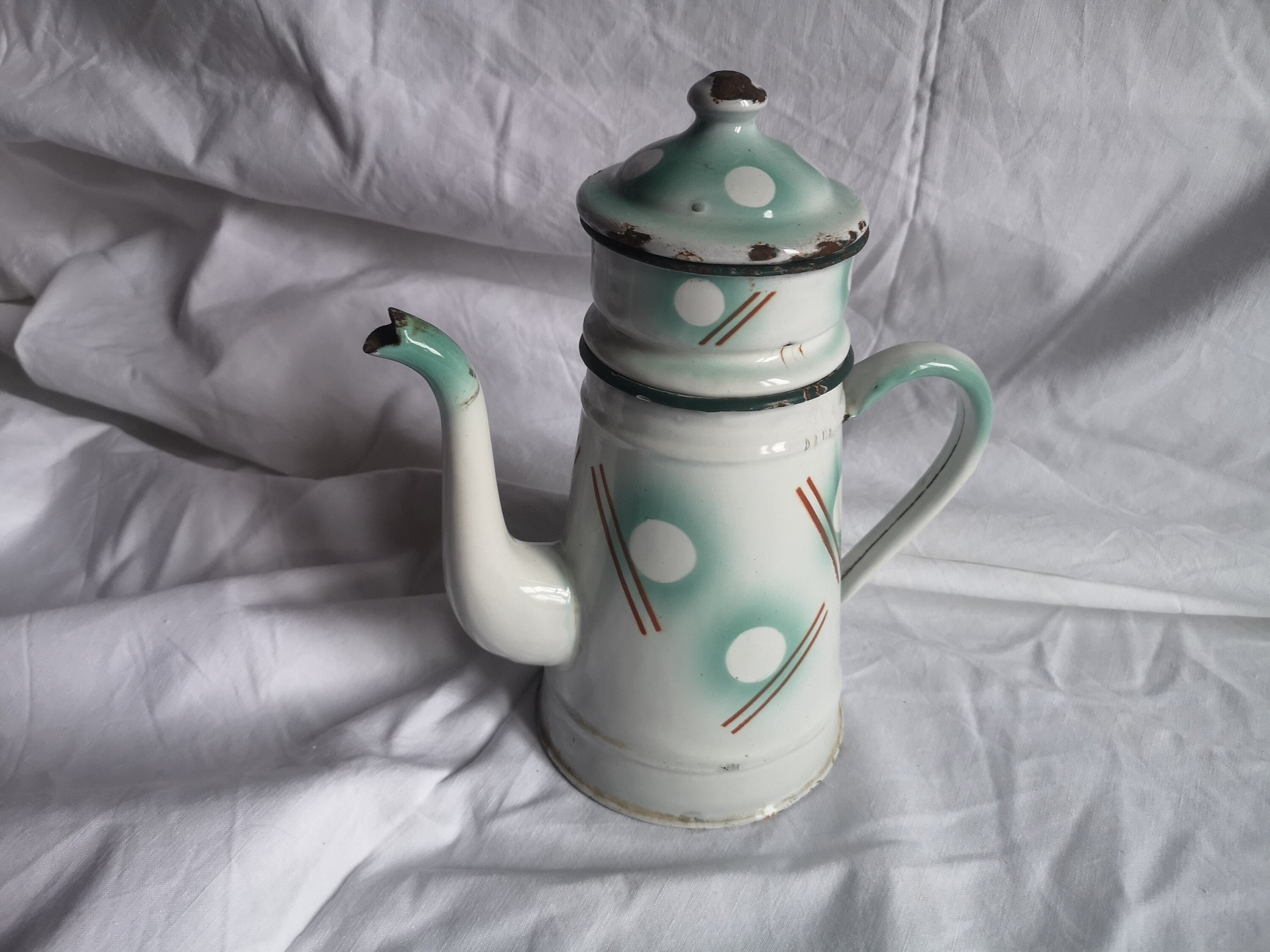 Cafetière Art Déco en Émail Vintage, Complète.