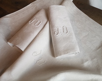 3 French vintage linen napkins, JD monogram