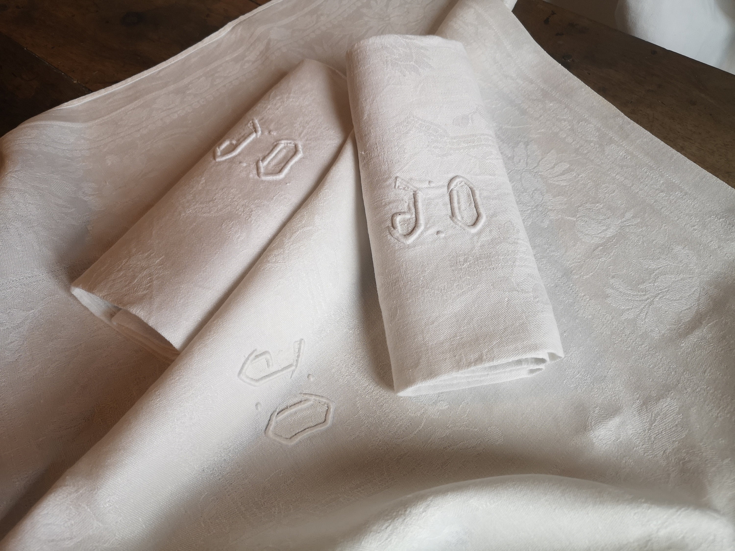 Serviettes en Lin Vintage 3 Français, Monogramme Jd