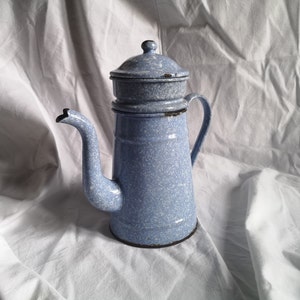 Cafetière vintage en émail, avec couvercle et récipient à grains