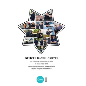 K&ouml;nnte beinhalten: Eine sternf&ouml;rmige Collage mit Fotos von Polizisten. Der Text lautet: "OFFICER DANIEL CARTER, 7th Precinct - Riverside Division, 01. Dezember 2025." Darunter steht das Zitat: "Ihr Mut, Ihre Freundlichkeit und Ihr Engagement inspirieren alle um Sie herum."