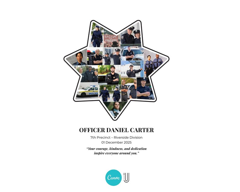 K&ouml;nnte beinhalten: Eine sternf&ouml;rmige Collage mit Fotos von Polizisten. Der Text lautet: "OFFICER DANIEL CARTER, 7th Precinct - Riverside Division, 01. Dezember 2025." Darunter steht das Zitat: "Ihr Mut, Ihre Freundlichkeit und Ihr Engagement inspirieren alle um Sie herum."
