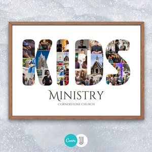 May include: A white framed poster with the word "KIDS" in large letters made of photos. The letters are filled with images of children and adults in a church setting. The text "MINISTRY" and "CORNERSTONE CHURCH" is below the letters.
