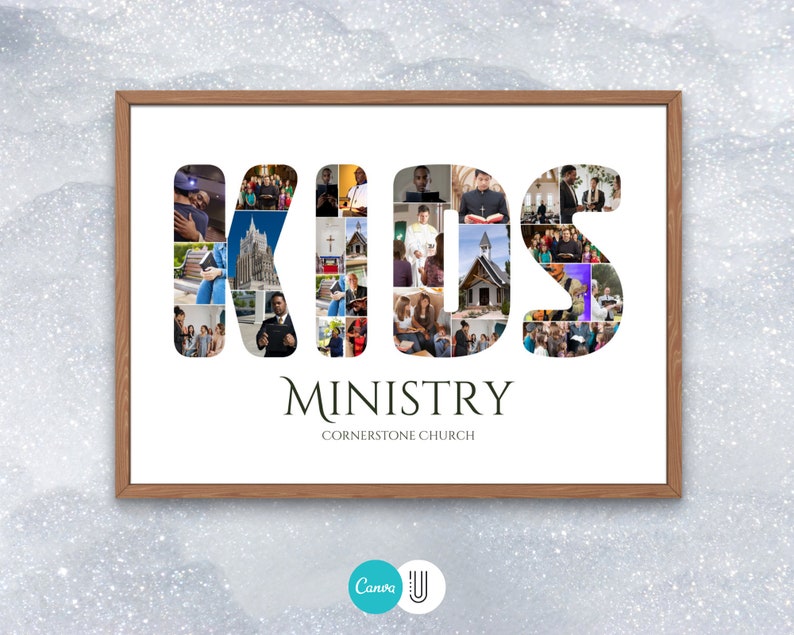May include: A white framed poster with the word "KIDS" in large letters made of photos. The letters are filled with images of children and adults in a church setting. The text "MINISTRY" and "CORNERSTONE CHURCH" is below the letters.