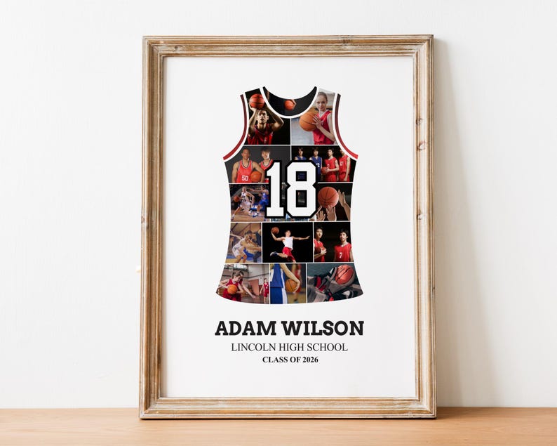 May include: Framed basketball jersey collage with photos of players in action. The jersey is white with a black outline and the number 18. The frame is a light brown color. The text at the bottom reads "ADAM WILSON, LINCOLN HIGH SCHOOL, CLASS OF 2026."