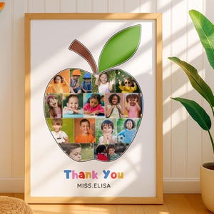 Peut inclure: Un cadre avec un collage en forme de pomme de photos d'enfants. La pomme a une feuille verte et une tige marron. En dessous, les mots "Thank You" et "MISS.ELISA" sont &eacute;crits en couleurs.