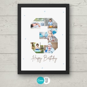 Op de afbeelding: Een ingelijste fotocollage van een babyjongen in zijn eerste drie jaar. De foto's zijn in de vorm van het cijfer 3 gerangschikt. De tekst "Happy Birthday" staat onder de collage.