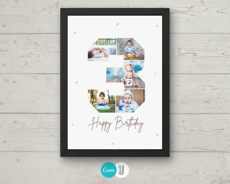 Op de afbeelding: Een ingelijste fotocollage van een babyjongen in zijn eerste drie jaar. De foto's zijn in de vorm van het cijfer 3 gerangschikt. De tekst "Happy Birthday" staat onder de collage.
