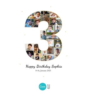 Pu&ograve; includere: Un collage fotografico a forma di numero 3, composto da molte foto di bambini. Il testo "Happy Birthday Sophia" &egrave; sotto il numero, con la data "14th January 2025" sotto.