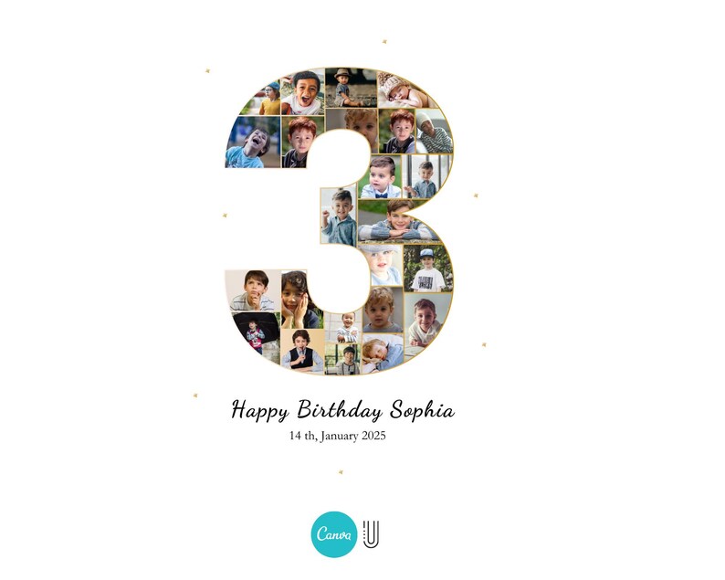 Pu&ograve; includere: Un collage fotografico a forma di numero 3, composto da molte foto di bambini. Il testo "Happy Birthday Sophia" &egrave; sotto il numero, con la data "14th January 2025" sotto.