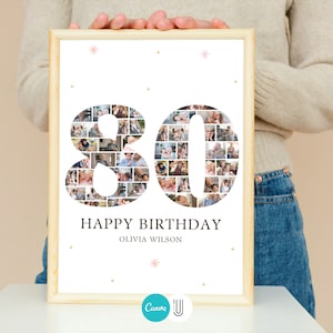 Może przedstawiać: Biały plakat w ramie z kolażem zdjęć 80 w kształcie liczby 80. Plakat głosi "Happy Birthday Olivia Wilson" czarnym tekstem.