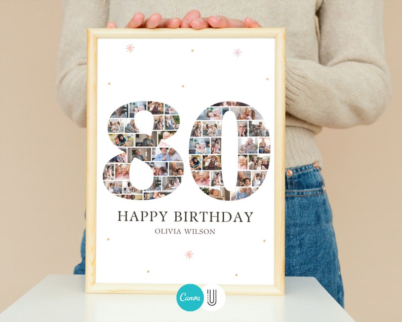 Może przedstawiać: Biały plakat w ramie z kolażem zdjęć 80 w kształcie liczby 80. Plakat głosi "Happy Birthday Olivia Wilson" czarnym tekstem.