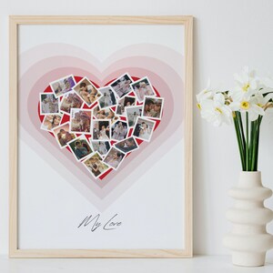 May include: A framed print featuring a heart shape made from photographs. The heart is surrounded by concentric circles of pink and red. The text "My Love" is written at the bottom of the print.