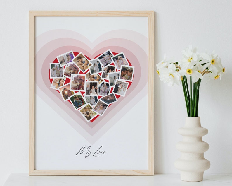 May include: A framed print featuring a heart shape made from photographs. The heart is surrounded by concentric circles of pink and red. The text "My Love" is written at the bottom of the print.