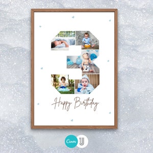 Op de afbeelding: Een witte fotocollage in een bruin frame met een nummer 3 gemaakt van foto's van een babyjongen. De tekst "Happy Birthday" staat onder het nummer.