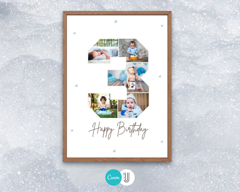 Op de afbeelding: Een witte fotocollage in een bruin frame met een nummer 3 gemaakt van foto's van een babyjongen. De tekst "Happy Birthday" staat onder het nummer.
