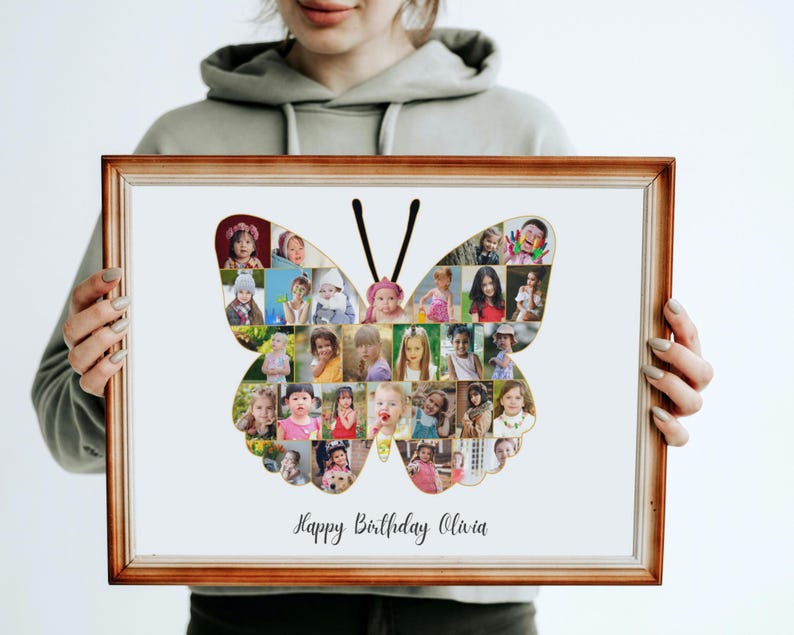 May include: A framed butterfly-shaped photo collage with numerous small portraits. The collage is in a wooden frame and features the text "Happy Birthday Olivia" in script. The butterfly design has black antennae.