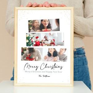 May include: A white printable Christmas card with a collage of three photos of a family celebrating Christmas. The text on the card reads "Merry Christmas" and "Merry Christmas and Happy New Year" with the name "The Patterson" at the bottom.