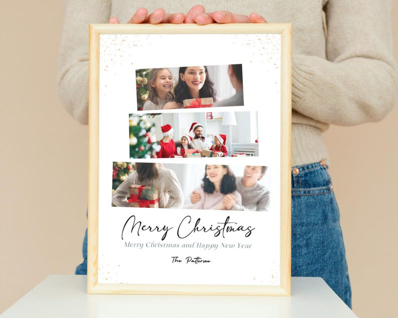 May include: A white printable Christmas card with a collage of three photos of a family celebrating Christmas. The text on the card reads "Merry Christmas" and "Merry Christmas and Happy New Year" with the name "The Patterson" at the bottom.
