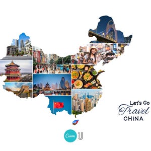 May include: A collage of images depicting various aspects of China, including the Great Wall, traditional architecture, bustling city streets, and delicious food. The text "Let's Go Travel CHINA" is displayed in a decorative font.