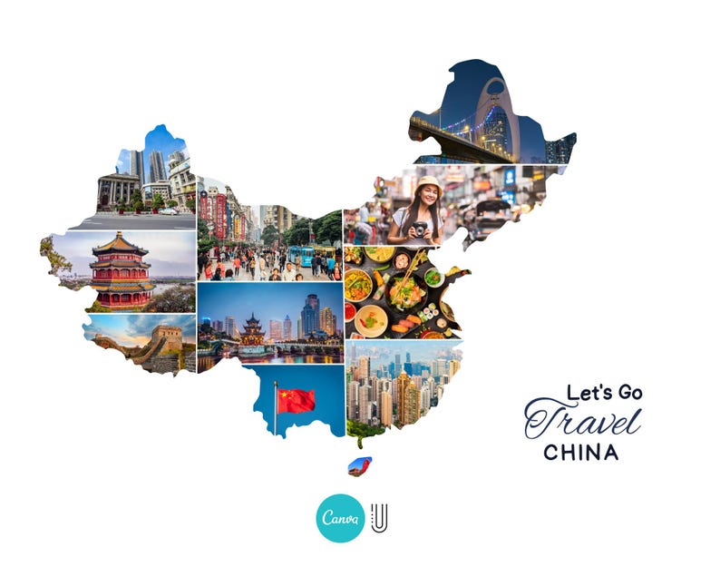 May include: A collage of images depicting various aspects of China, including the Great Wall, traditional architecture, bustling city streets, and delicious food. The text "Let's Go Travel CHINA" is displayed in a decorative font.