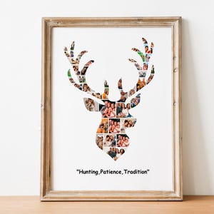 May include: A framed photo collage of a deer silhouette made up of many smaller photos. The text "Hunting, Patience, Tradition" is printed below the image.