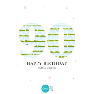 May include: A white background with a green and blue number 90 made of small squares. The text "Happy Birthday Olivia Wilson" is below the number.