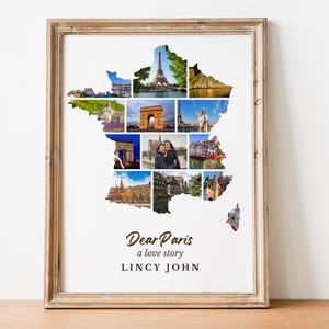 Frankreich Foto Collage, Paris Liebesgeschichte, romantisches Geschenk, bedruckbares Flitterwochen Hochzeitsgeschenk Paris, individuelles Urlaubsziel, Europareise