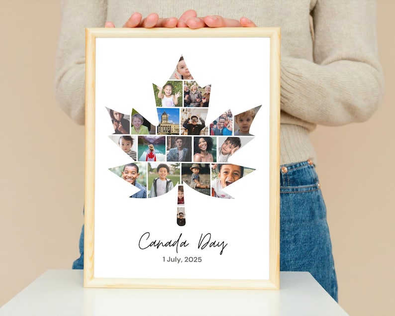 May include: A framed print featuring a maple leaf design filled with various photos. The print includes the text "Canada Day" and the date "1 July, 2025" in a stylish font. The frame is made of light-colored wood.