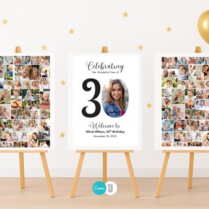 May include: Three white framed signs on wooden easels. The center sign reads "Celebrating The Wonderful Year of 30" with a photo and text. The other two signs display photo collages. Gold balloons and stars decorate the background.