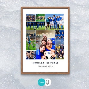 Pode incluir: Uma colagem emoldurada de fotos que mostram um time de futebol. As fotos mostram os membros do time jogando, comemorando e segurando trof&eacute;us. O texto "Sevilla FC Team Class of 2023" est&aacute; impresso abaixo das fotos.
