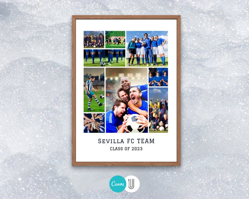 Pode incluir: Uma colagem emoldurada de fotos que mostram um time de futebol. As fotos mostram os membros do time jogando, comemorando e segurando trof&eacute;us. O texto "Sevilla FC Team Class of 2023" est&aacute; impresso abaixo das fotos.
