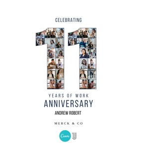 Pu&ograve; includere: Grafica bianca che celebra l'11&deg; anniversario di lavoro. Il numero 11 &egrave; formato da un collage di foto. Il testo include "Celebrating", "Years of Work", "Anniversary", "Andrew Robert" e "Merck & Co". Un logo Canva &egrave; in basso.