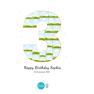 Pu&ograve; includere: Un numero tre verde e blu composto da piccoli quadrati con immagini di paesaggi. Il testo "Happy Birthday Sophia" &egrave; sotto il numero, e la data "14th January 2025" &egrave; sotto il testo. Il logo Canva &egrave; nell'angolo in basso a destra.