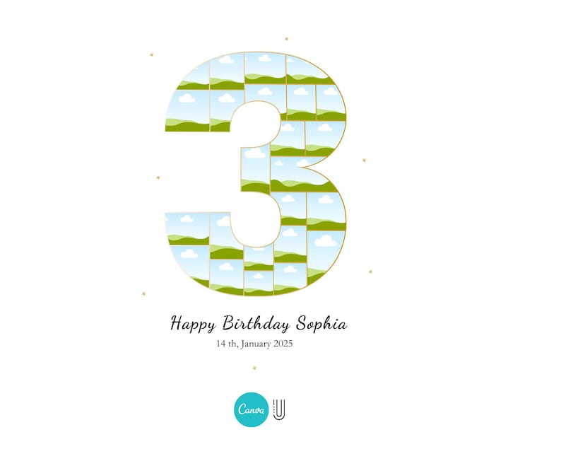 Pu&ograve; includere: Un numero tre verde e blu composto da piccoli quadrati con immagini di paesaggi. Il testo "Happy Birthday Sophia" &egrave; sotto il numero, e la data "14th January 2025" &egrave; sotto il testo. Il logo Canva &egrave; nell'angolo in basso a destra.