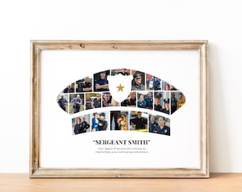 Puede incluir: Un collage de fotos enmarcado en blanco de un sombrero de policía compuesto por fotos individuales de policías. El texto "SERGEANT SMITH" está en la parte inferior del collage, junto con el texto "Su legado de servicio continuará inspirando. Disfrute de su merecido retiro."