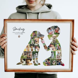 May include: A framed print featuring a collage of dog photos in the shape of a dog and a child. The print has a brown wooden frame and includes the name "Smokey" and the text "When I needed a Comfort, I found your Paw."