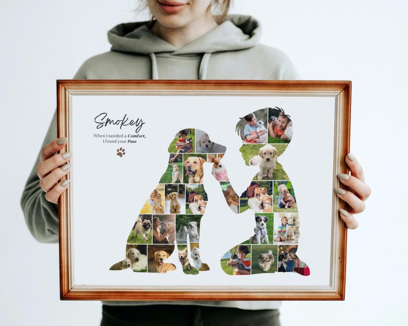 May include: A framed print featuring a collage of dog photos in the shape of a dog and a child. The print has a brown wooden frame and includes the name "Smokey" and the text "When I needed a Comfort, I found your Paw."