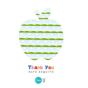 K&ouml;nnte beinhalten: Auf wei&szlig;em Hintergrund eine gro&szlig;e Apfelform, die aus kleinen Landschaftsbildern besteht. Der Text "Thank You" ist in bunten Buchstaben gehalten, darunter steht "Rafe Esquith". Unten befindet sich ein Canva-Logo.