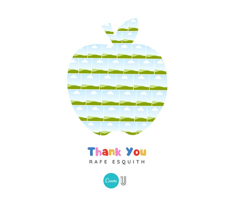 K&ouml;nnte beinhalten: Auf wei&szlig;em Hintergrund eine gro&szlig;e Apfelform, die aus kleinen Landschaftsbildern besteht. Der Text "Thank You" ist in bunten Buchstaben gehalten, darunter steht "Rafe Esquith". Unten befindet sich ein Canva-Logo.