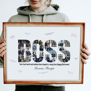 May include: A framed photo collage of a person's coworkers spelling out the word "BOSS" in a white frame with a brown border. The photo collage is a retirement gift for Donna Stroupe. The text below the collage reads "Your hard work and wisdom have shaped so many lives. Happy Retirement Donna Stroupe."