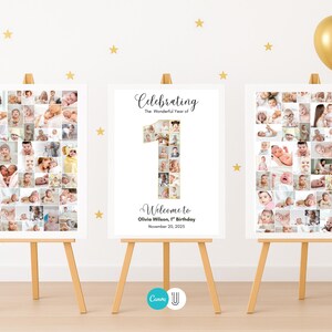 May include: Three white framed signs on wooden easels. The signs feature baby photos, with one sign displaying a large number one made of baby photos. Text reads "Celebrating The Wonderful Year of" and "Welcome to Olivia Wilson, 1st Birthday, November 20, 2025."