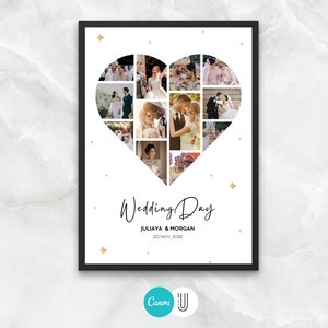 Pu&ograve; includere: Un collage di foto di matrimonio a forma di cuore bianco con accenti di glitter dorati. Il testo "Wedding Day" &egrave; scritto in corsivo nero con i nomi "Juliaya & Morgan" e la data "20 Nov. 2022" sotto.