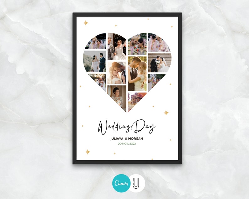 Pu&ograve; includere: Un collage di foto di matrimonio a forma di cuore bianco con accenti di glitter dorati. Il testo "Wedding Day" &egrave; scritto in corsivo nero con i nomi "Juliaya & Morgan" e la data "20 Nov. 2022" sotto.